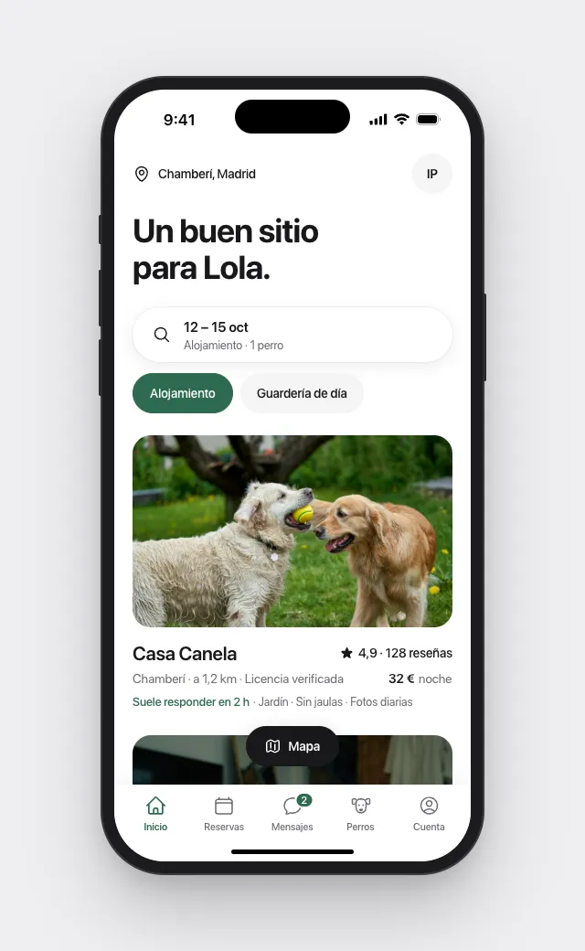 App de la guardería de perros con una ficha de reserva