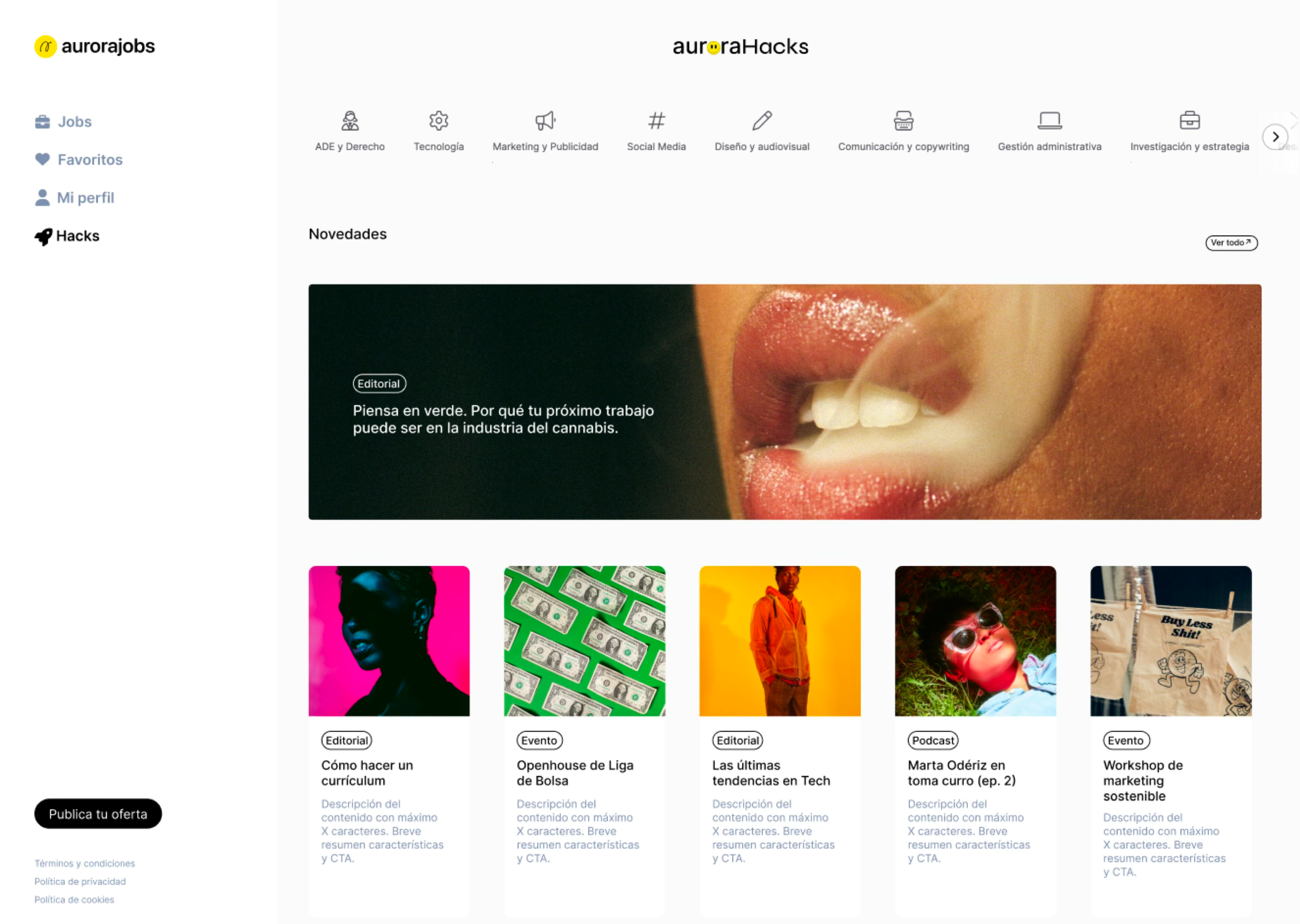 auroraHacks, la sección de contenidos, con categorías por área, un editorial destacado y una fila de artículos, eventos y podcasts.