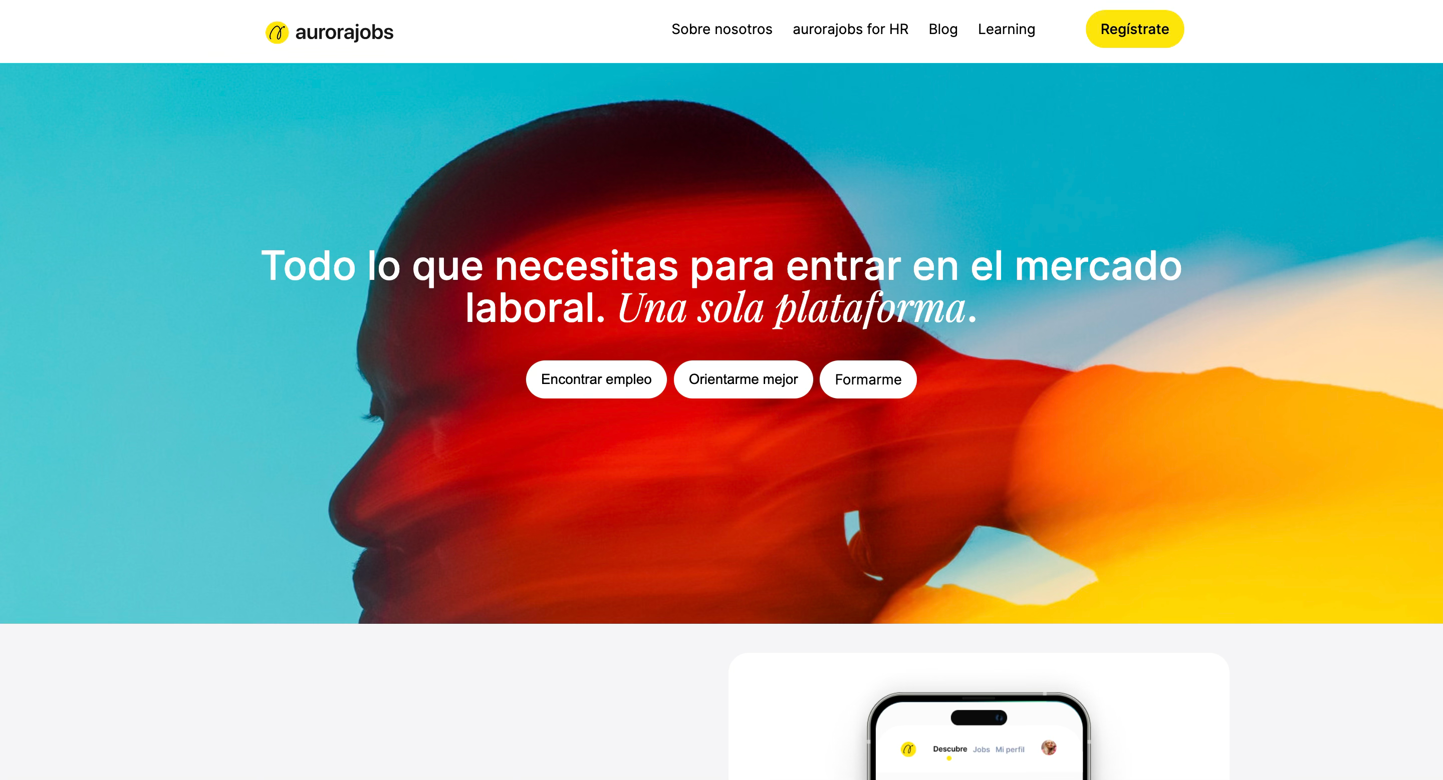 Portada de aurorajobs con el titular «Todo lo que necesitas para entrar en el mercado laboral» y tres accesos: encontrar empleo, orientarme mejor y formarme.
