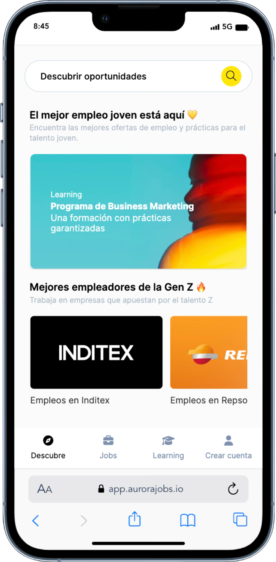 Pestaña Descubre en móvil, con buscador de oportunidades, una formación destacada y los empleadores para talento joven.