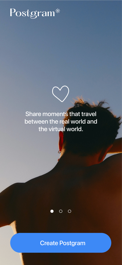 Slide de onboarding de Postgram sobre un cielo azul: «Share moments that travel between the real world and the virtual world.»