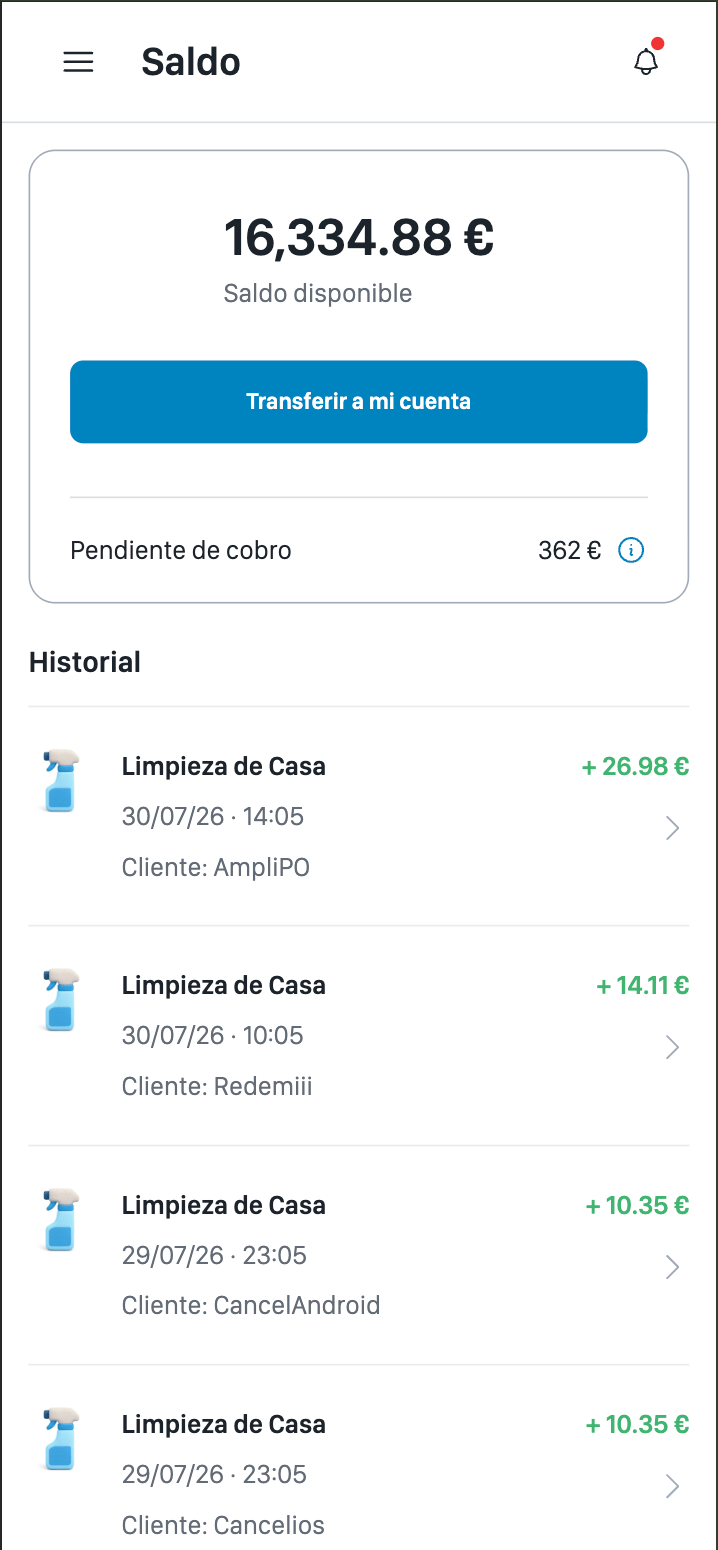 Pantalla de saldo en móvil, con el disponible, el botón de transferir, lo pendiente de cobro y el historial de servicios cobrados.