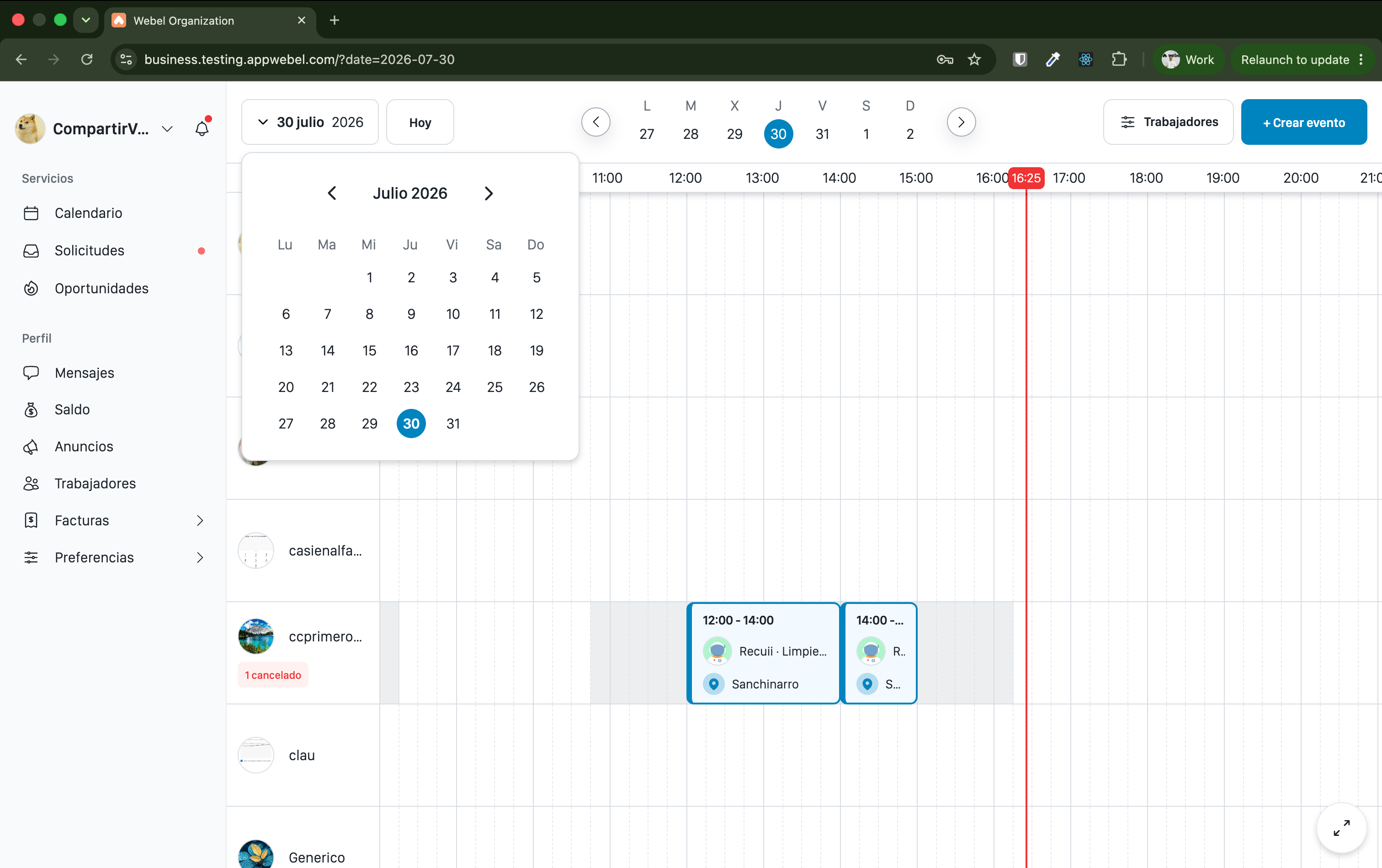 Panel de organización con el calendario semanal, una fila por trabajador y los servicios colocados en su franja horaria.