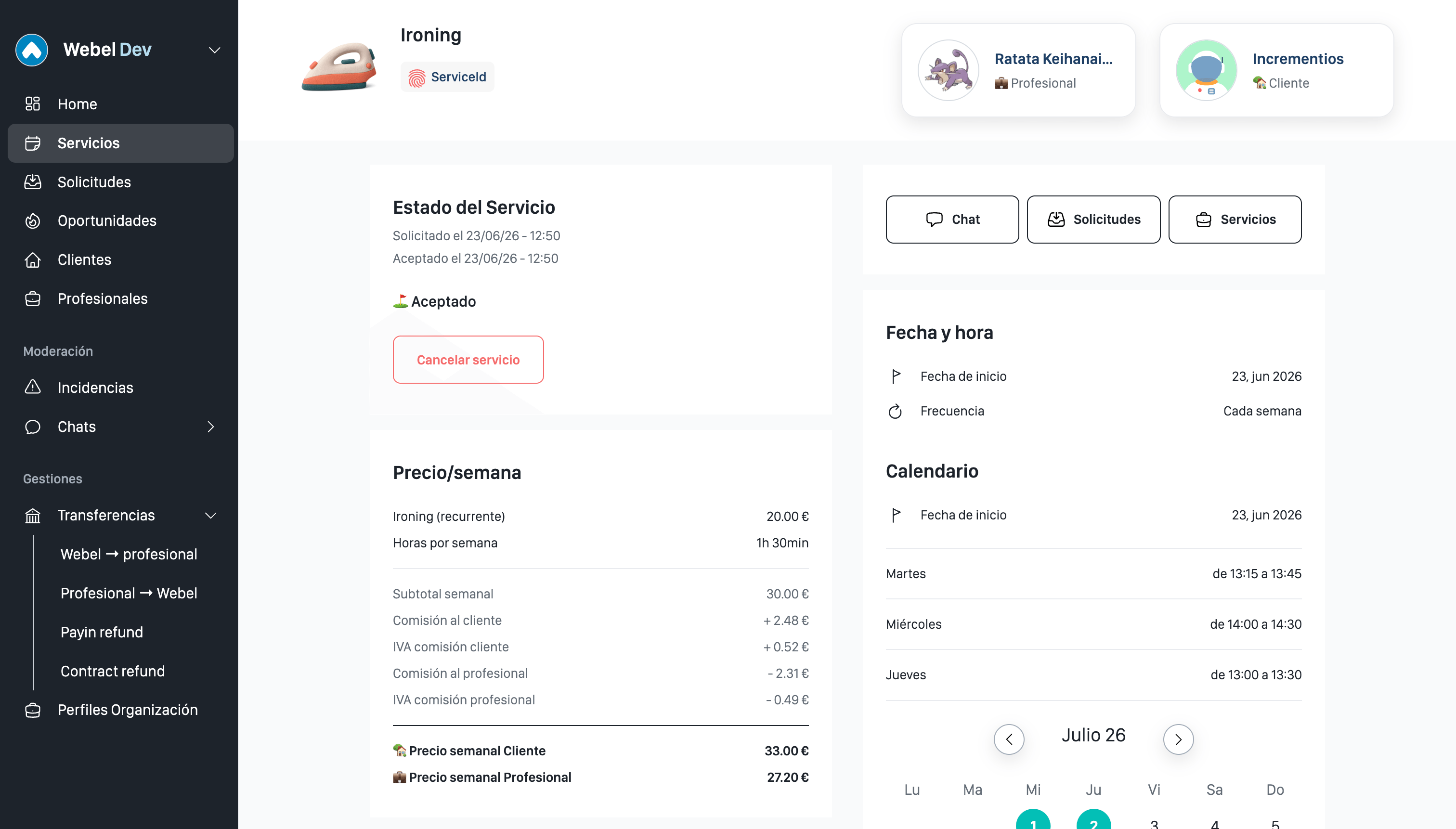 Backoffice de Webel con el detalle de un servicio: estado, desglose de precio semanal con comisiones e IVA, frecuencia y calendario de las visitas.
